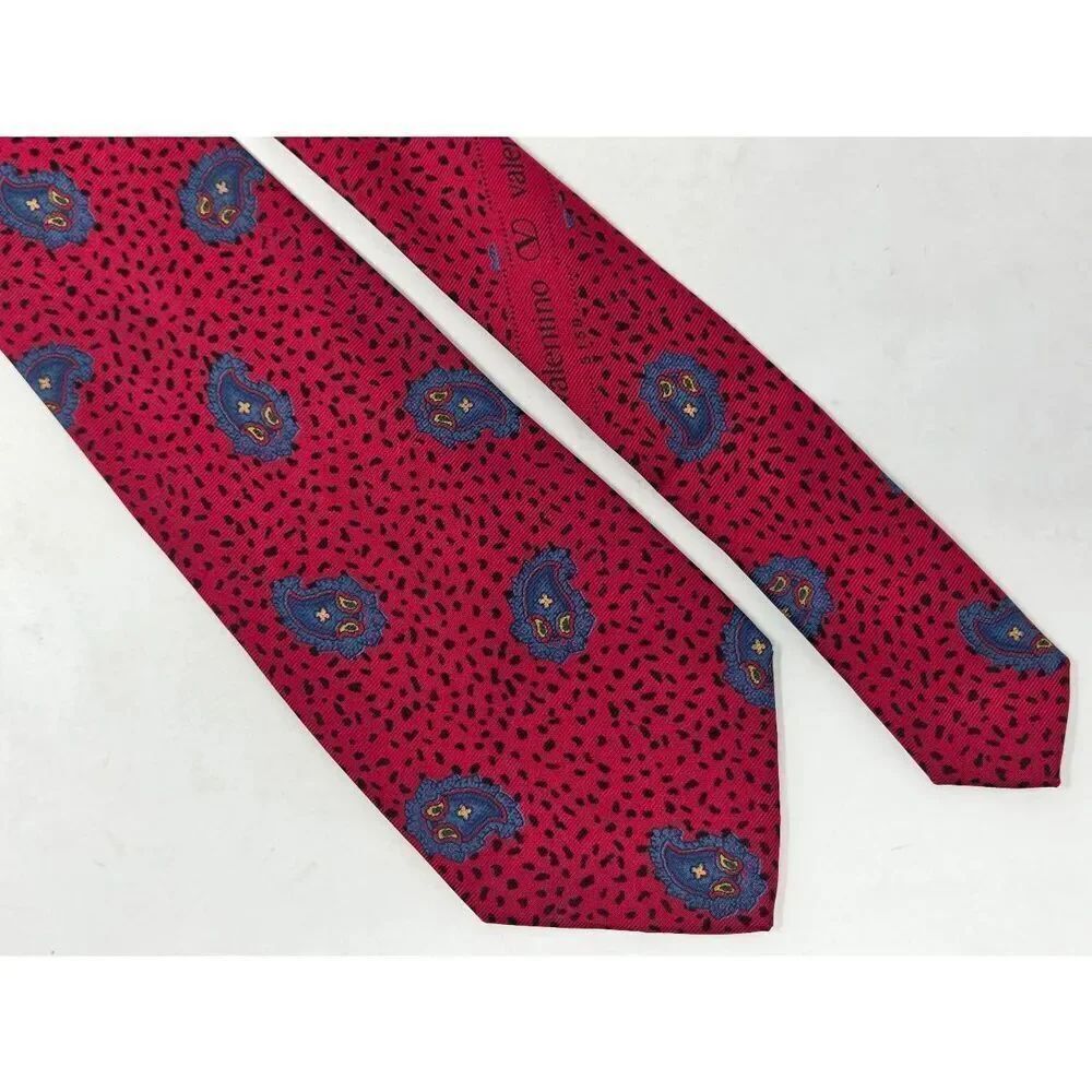 VALENTINO CRAVATTE ITALY SILK TIE RED ANIMAL PRINT PAISLEY 3" X 59" VINTAGE